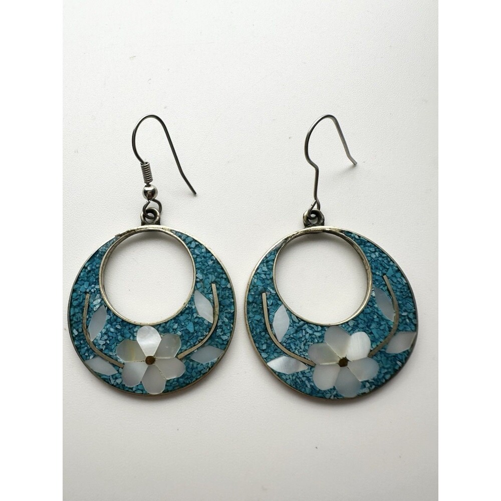 Vintage Alpaca Mexico Silver Turquoise Mother Of Pearl Floral Earrings
